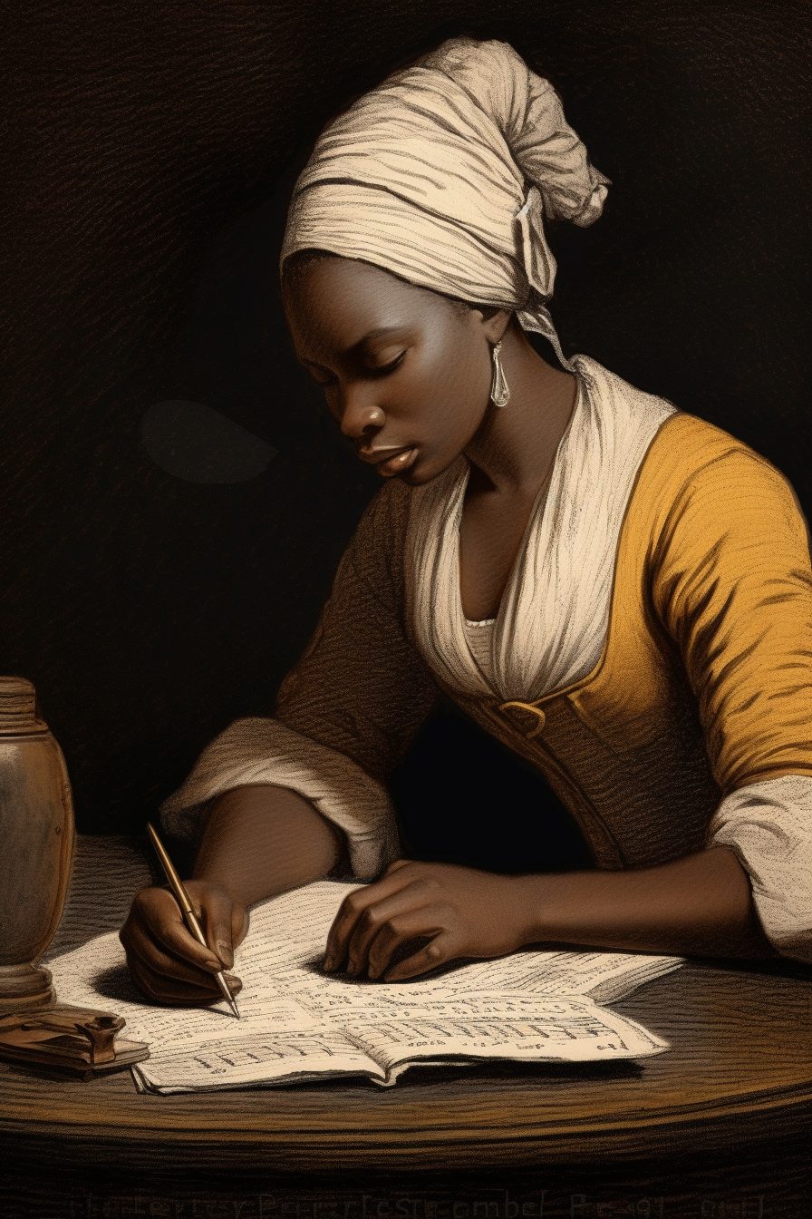 An illustration of a woman sitting at a desk, writing on a piece of paper.