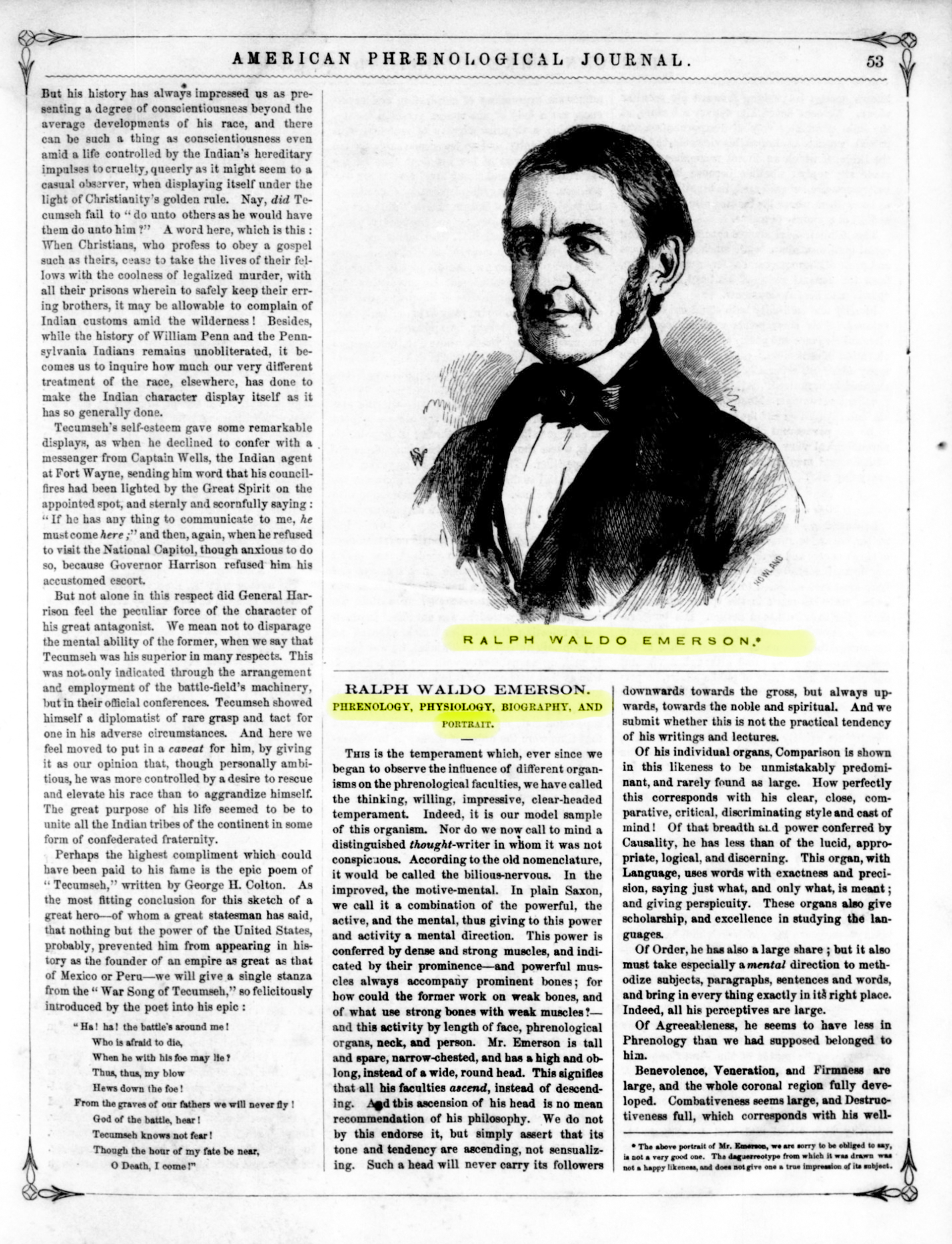A black and white image of a page from the American Phrenological Journal, with a portrait of Ralph Waldo Emerson. The page is numbered 53 and has three columns of text. The text discusses Ralph Waldo Emerson, a famous American writer and philosopher.