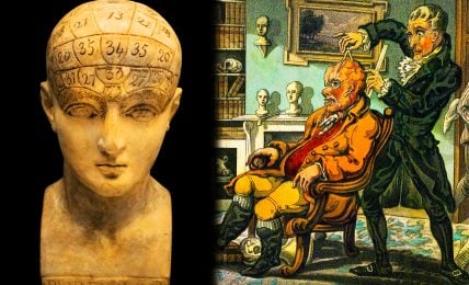 A collage divided into two parts. The left part is a Phrenology bust. The right part is a phrenologist's consulting room filled with busts and skulls. An elderly, bald man sits in an armchair while the practitioner measures his wrinkled scalp with dividers and a ruler.