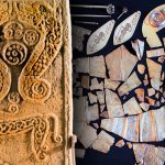 A split image of two ancient Pictish artefacts. On the left, a carved stone in Brodie, Moray, Scotland displays intricately designed S-dragons, a right-facing Pictish beast. On the right, the Norrie’s Law hoard features a majority of hacksilver: deliberately sectioned objects for trade or repurposing. Notably, it also includes a silver plaque adorned with distinct Pictish symbols and whole items like a spiral ring, a sizable brooch, and a hairpin.