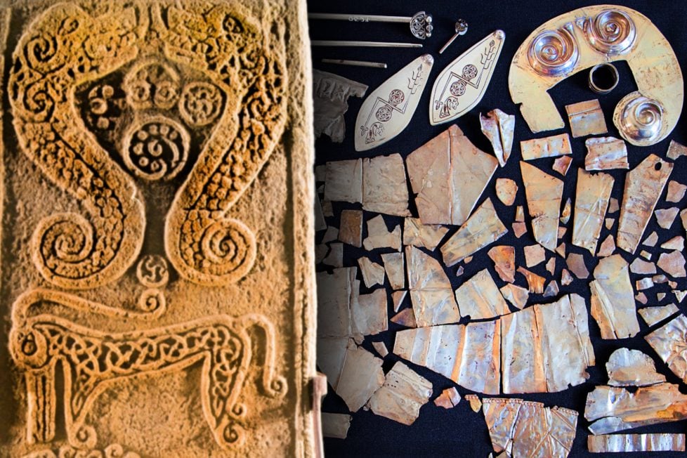 A split image of two ancient Pictish artefacts. On the left, a carved stone in Brodie, Moray, Scotland displays intricately designed S-dragons, a right-facing Pictish beast. On the right, the Norrie’s Law hoard features a majority of hacksilver: deliberately sectioned objects for trade or repurposing. Notably, it also includes a silver plaque adorned with distinct Pictish symbols and whole items like a spiral ring, a sizable brooch, and a hairpin.