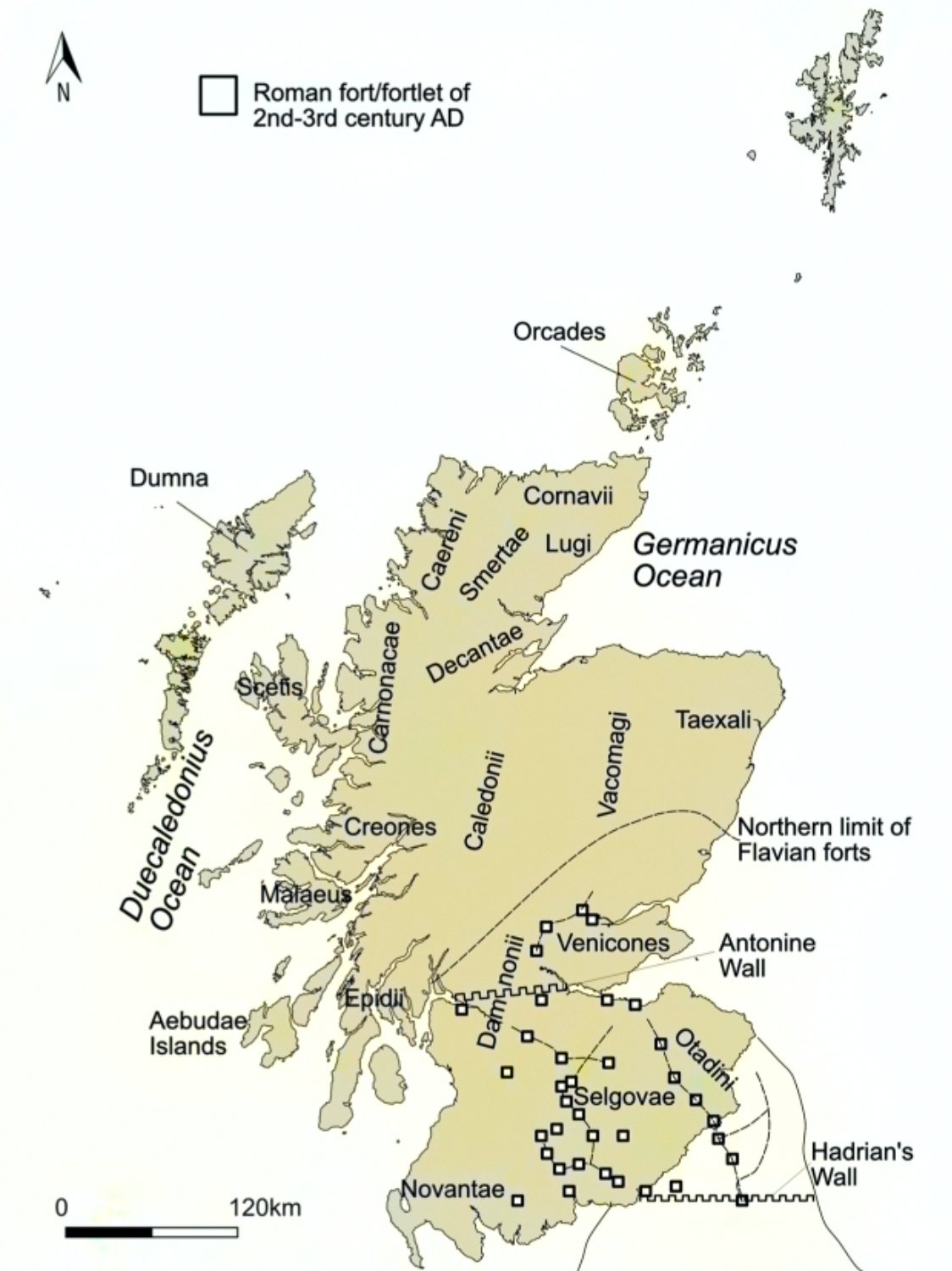 A map of the Roman fort/fortlet of the 2nd-3rd century AD in the area of the Germanicus Ocean (now the North Sea). The map is in black and white with a yellow overlay that shows the locations of the Roman structures, the Northern limit of Flavian Wall, and Hadrian’s Wall. The map also shows the names and locations of the different tribes that lived in the area at the time, such as the Coriavii, the Venicones, and the Creones. The map has a scale of 0-120km and a compass rose in the top left corner.