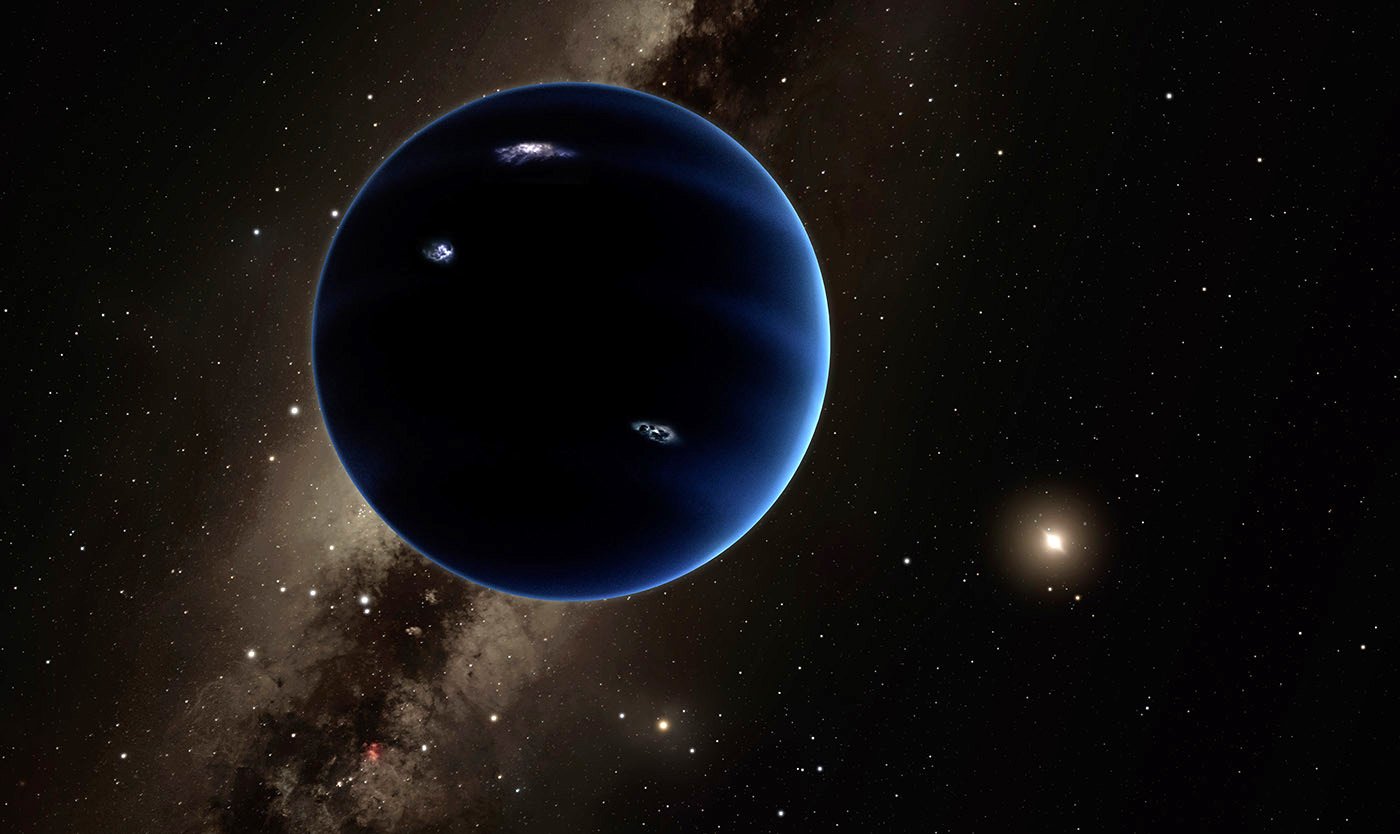 A photo realistic image of a blue planet in outer space. The planet is a deep blue color with a few white spots on it. The planet is surrounded by a black background with stars and galaxies. The planet is in the center of the image and is the main focus. The planet is slightly tilted to the right. The image is a 3D rendering of a planet in outer space.