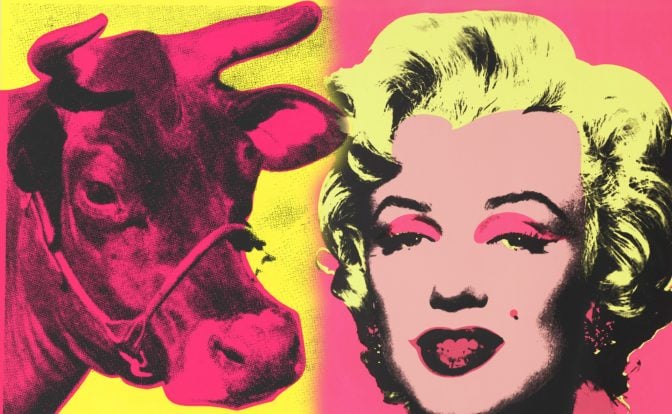 Pop art-style artwork juxtaposing two side-by-side images. On the left is a vibrant magenta-toned depiction of a cow with a dotted yellow background. On the right, a similarly styled portrait of Marilyn Monroe, her iconic features highlighted in pink and set against a bold pink background. Both images blend seamlessly in the middle, suggesting a fusion of contrasting subjects.