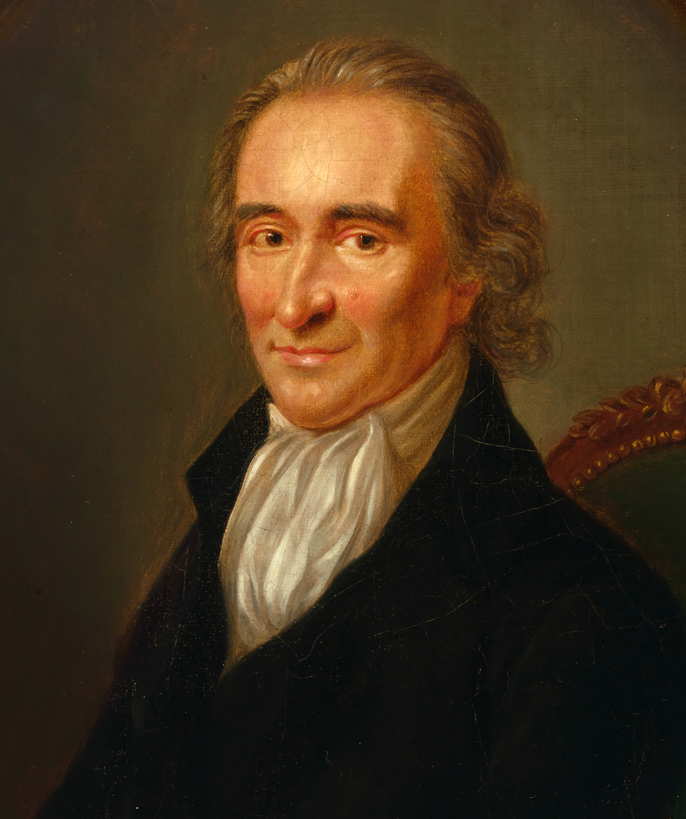 Portrait of Thomas Paine in a black coat and a white cravat, sitting in a wooden chair.