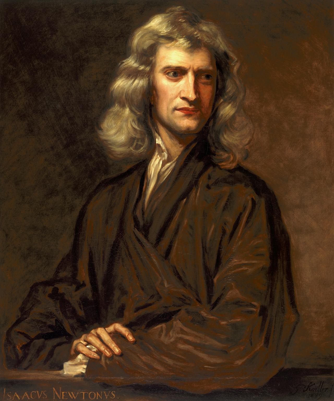 Painting of Isaac Newton copied from the original of 1689 by Sir Godfrey Kneller. Isaac Newton looking slightly to right, natural hair, shirt open at neck, brown gown loosely wrapped, right hand resting over left arm.