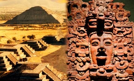 A collage of a photo of The Pyramid of the Sun, the grandest structure in Teotihuacan, Mexico and a photo of an ancient Maya temple decoration stone sculpture of a face with intricate details and patterns.