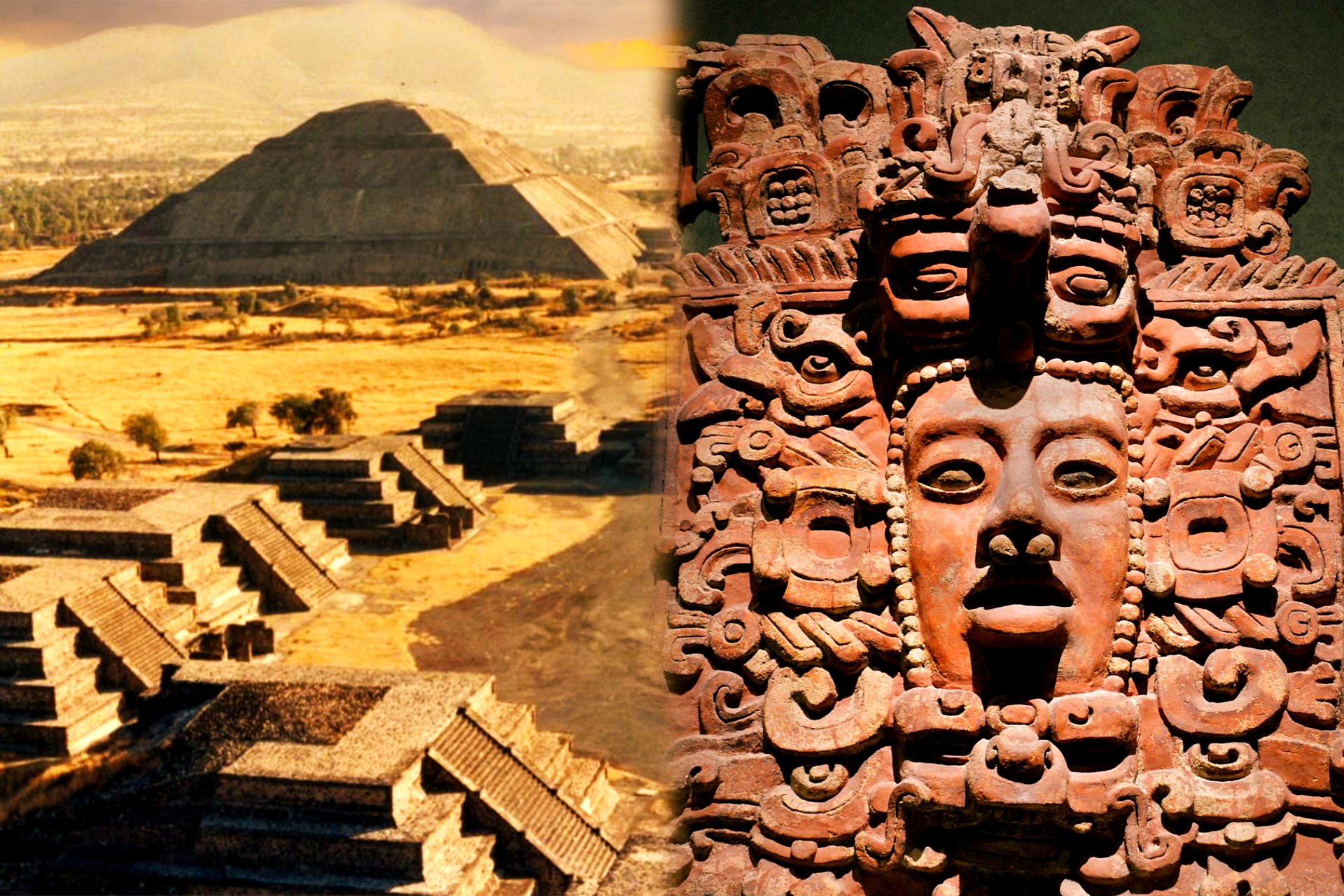 A collage of a photo of The Pyramid of the Sun, the grandest structure in Teotihuacan, Mexico and a photo of an ancient Maya temple decoration stone sculpture of a face with intricate details and patterns.