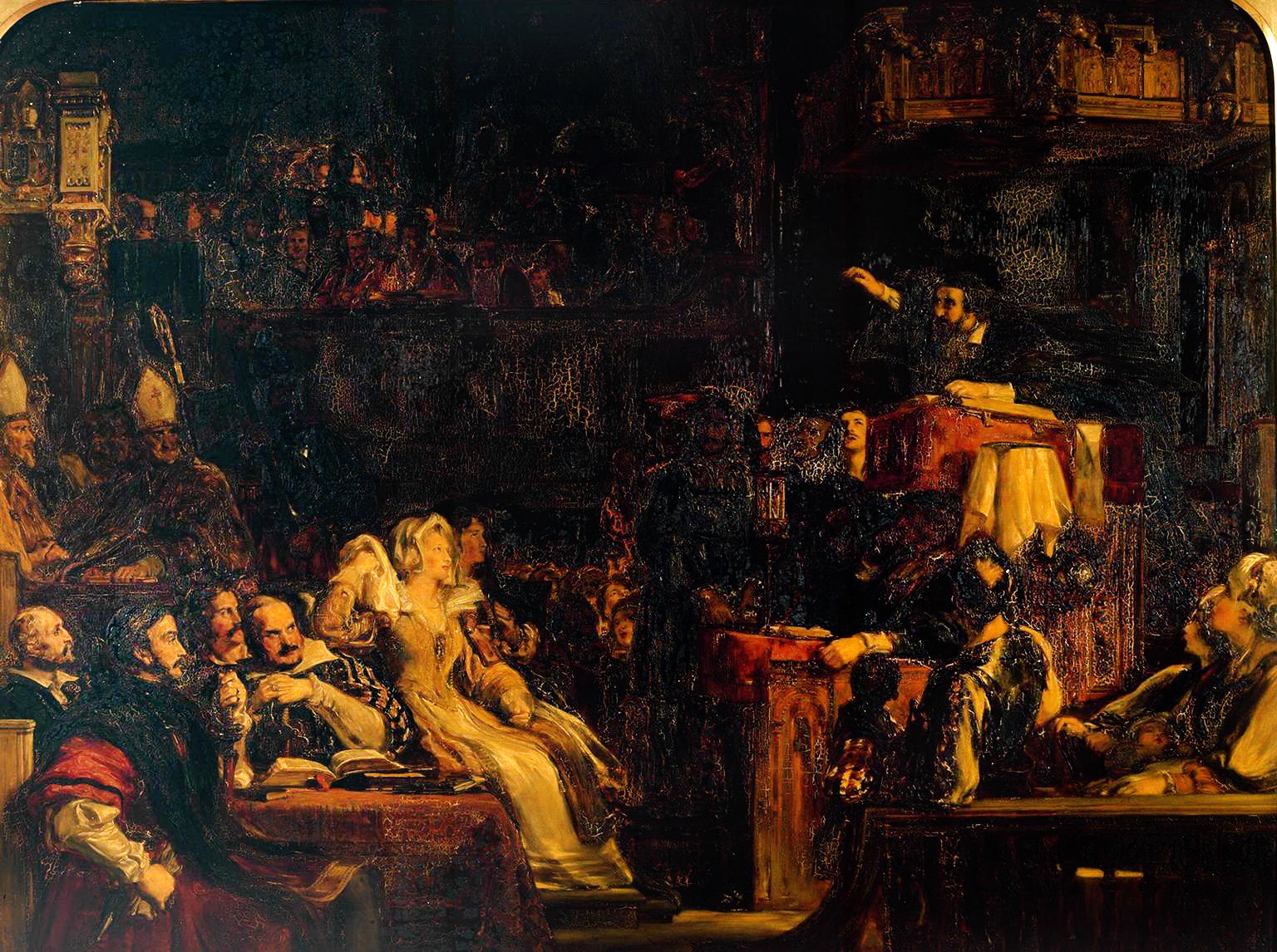 Painting 'The Preaching of Knox' depicting a dimly lit, crowded room with individuals in historical attire. In the center, John Knox, wearing a black robe, stands elevated on a platform passionately addressing the audience.
