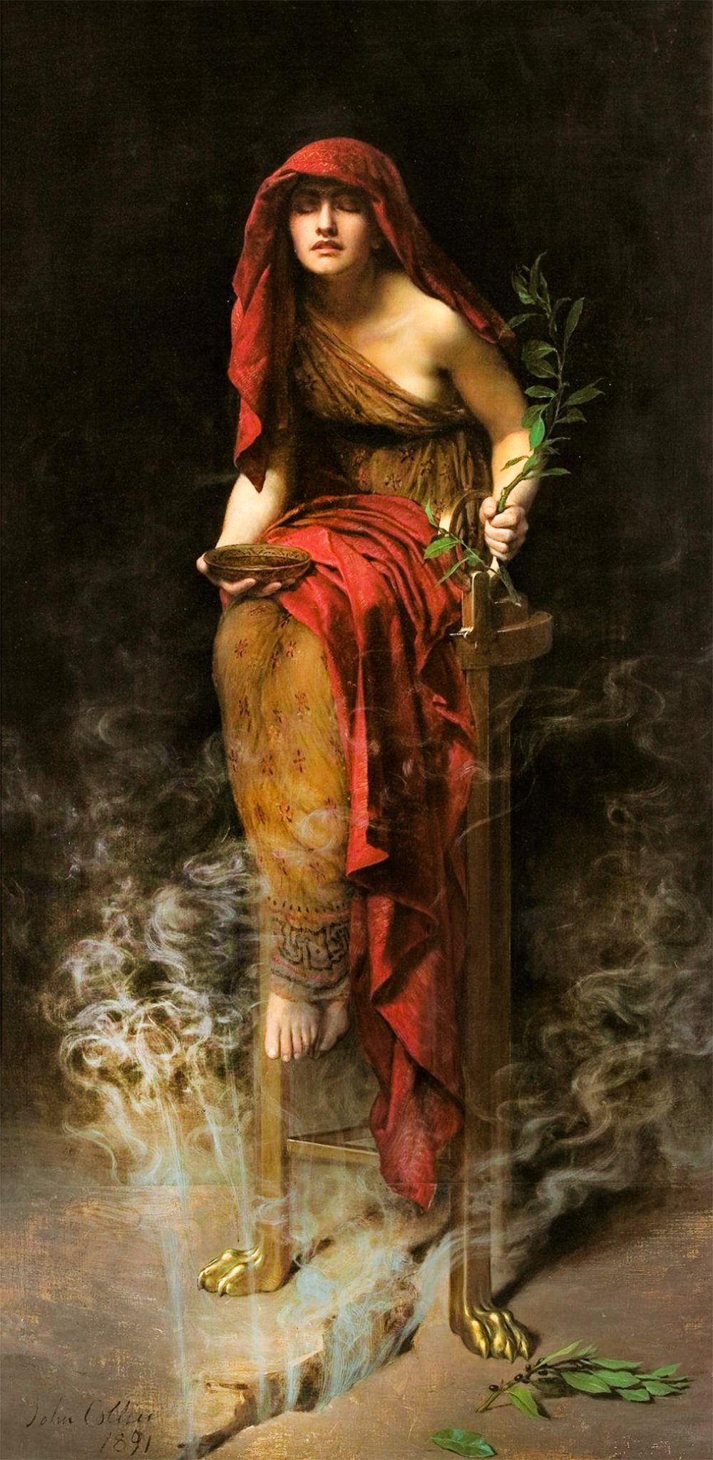 John Collier's 1891 painting 'Priestess of Delphi,' portraying the Pythia in a state of trance, influenced by vapors emanating from the Kerna spring beneath the Temple of Apollo.