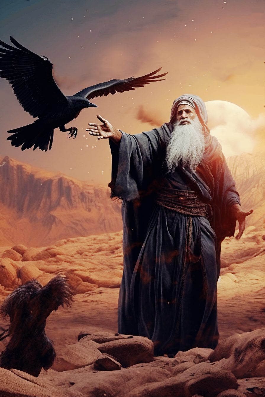 An illustration of the prophet Elijah and a crow, in a desert environment.