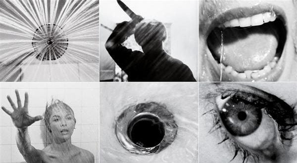 A collage of frames from the shower scene in Psycho, featuring a woman trying to protect herself, the woman's eye and screaming mouth as well as a knife raised by a dark figure and a shower drain.