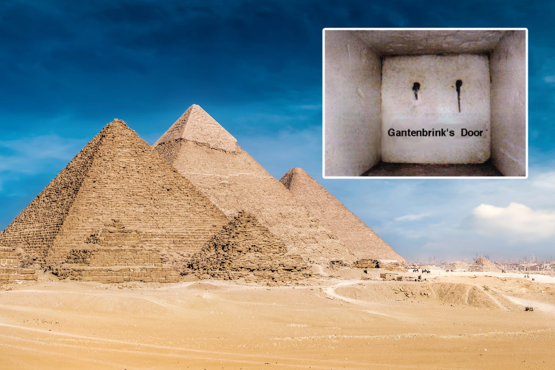 A collage featuring a photograph of the pyramids at Giza and a passage with a door found in one of them.
