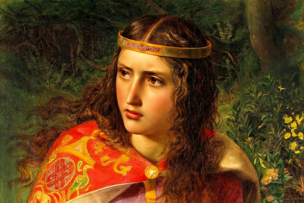 A painting of Eleanor of Aquitaine, the queen of France and England. She is depicted with long brown hair, wearing a red robe with gold details and a gold headband. The background is a green landscape with trees and yellow flowers. The painting is in a realistic style.