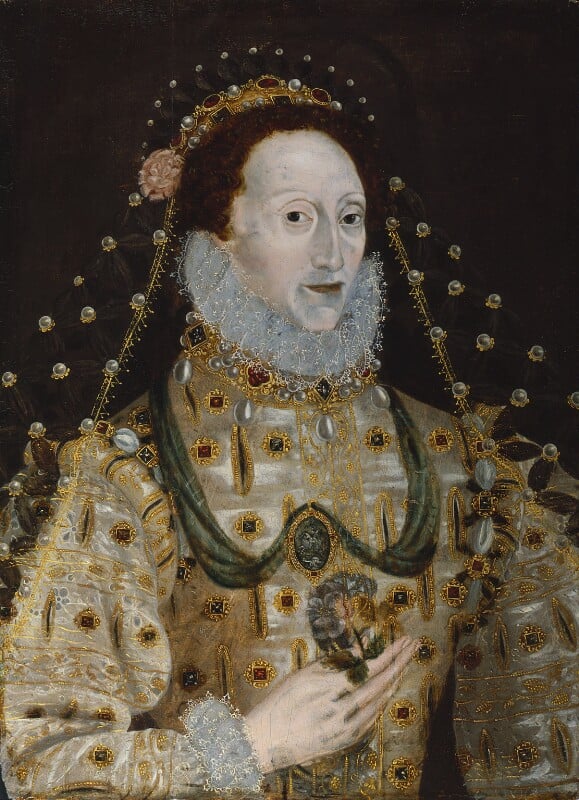 A portrait of Queen Elizabeth I, she is wearing white facial makeup and a golden dress. Strings of pearls extend away from her hair.