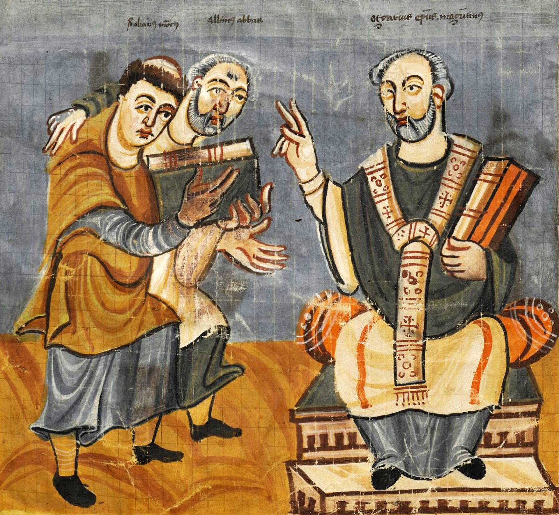 A medieval manuscript illustration with three figures. The figure on the left is Raban Maur. The figure in the center is Alcuin, a scholar and advisor to Charlemagne. The figure on the right is Otgar, the archbishop of Mainz from 826 to 847.