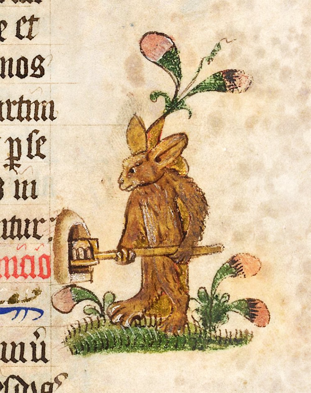 A medieval illustration of a brown rabbit with a shovel pushing a pie into the oven, standing on a grassy patch with flowers. The rabbit is on a page from a manuscript with Latin text in Gothic script.