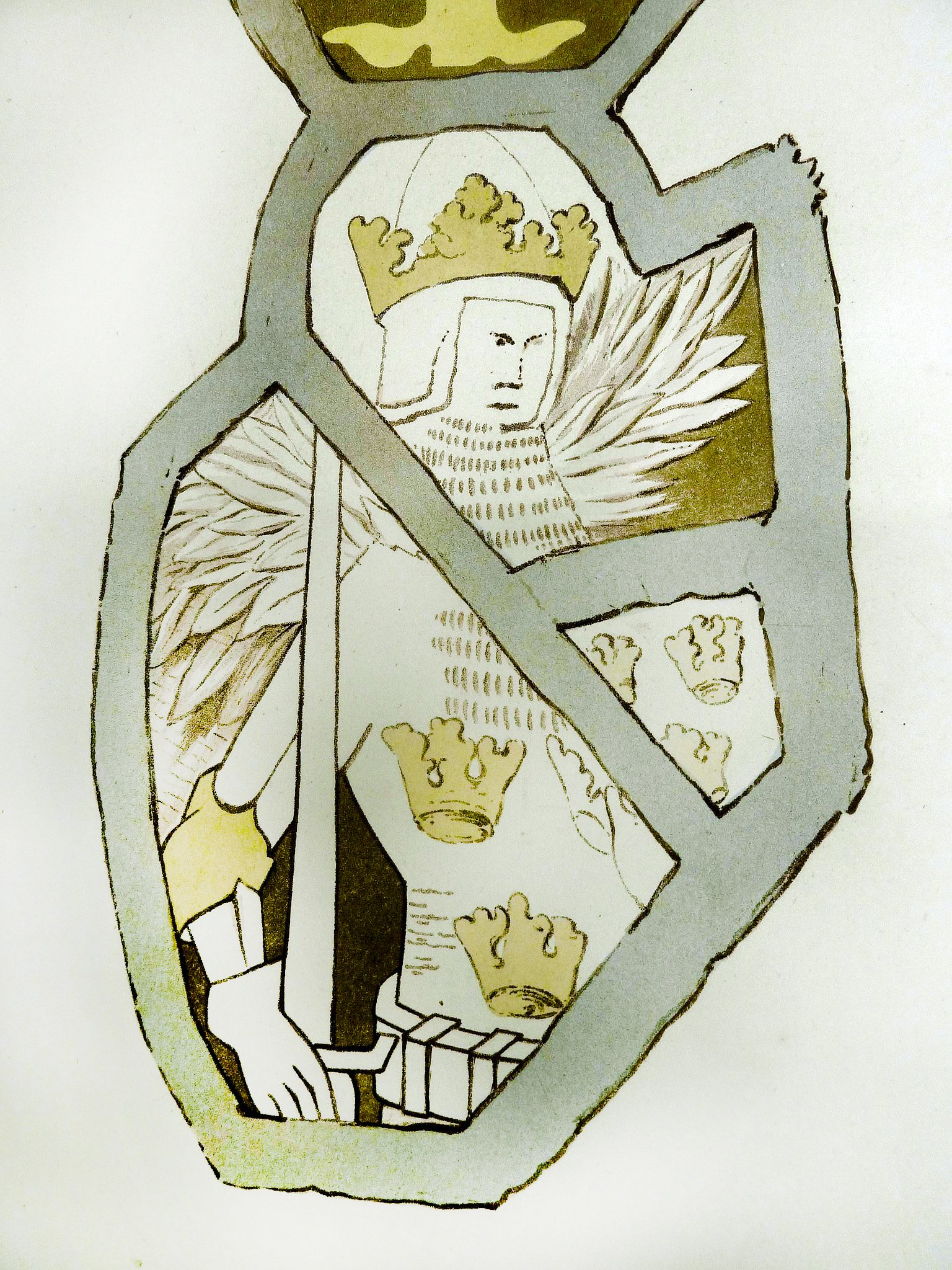 An illustration of a coat of arms with a gold crown, a white figure of Redwald King with wings, and a gold hand holding a sword on a green, blue, and white shield. The shield is surrounded by a gray border with gold crowns on it. The background is white.
