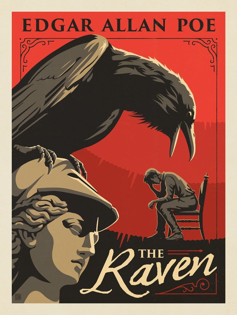 A book cover of The Raven by Edgar Allan Poe, featuring a man in a chair slumped forward, holding his head up using his arm. A large black raven is depicted to be looking down on him from atop it's perch.