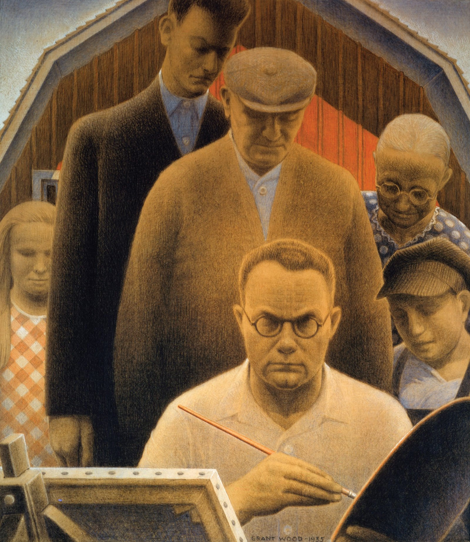 This painting showcases Grant Wood as its central figure, his gaze directed straight at the viewer, his expression grave. The clean-shaven artist appears to be at work, encircled by individuals dressed in farmer's attire or as common townsfolk, adding a touch of rural Americana. The surrounding characters sport somber, expressionless faces, their lowered gazes possibly conveying disinterest or disappointment, markedly contrasting Wood's direct stare. They all seem to be inside a barn, inferred from the Gothic arch figure and the distinctive arched window visible behind them. The painting employs a muted, earthy palette of browns, grays, and oranges, further enhancing its rustic atmosphere.