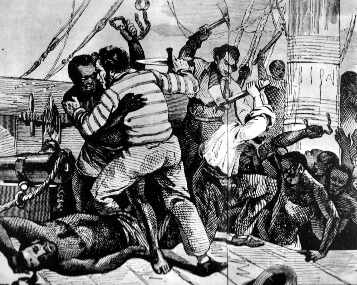 Artistic representation of a slave uprising on a ship's deck, depicting Africans and Europeans in combat, departing from an unspecified West African location, possibly Guinea.