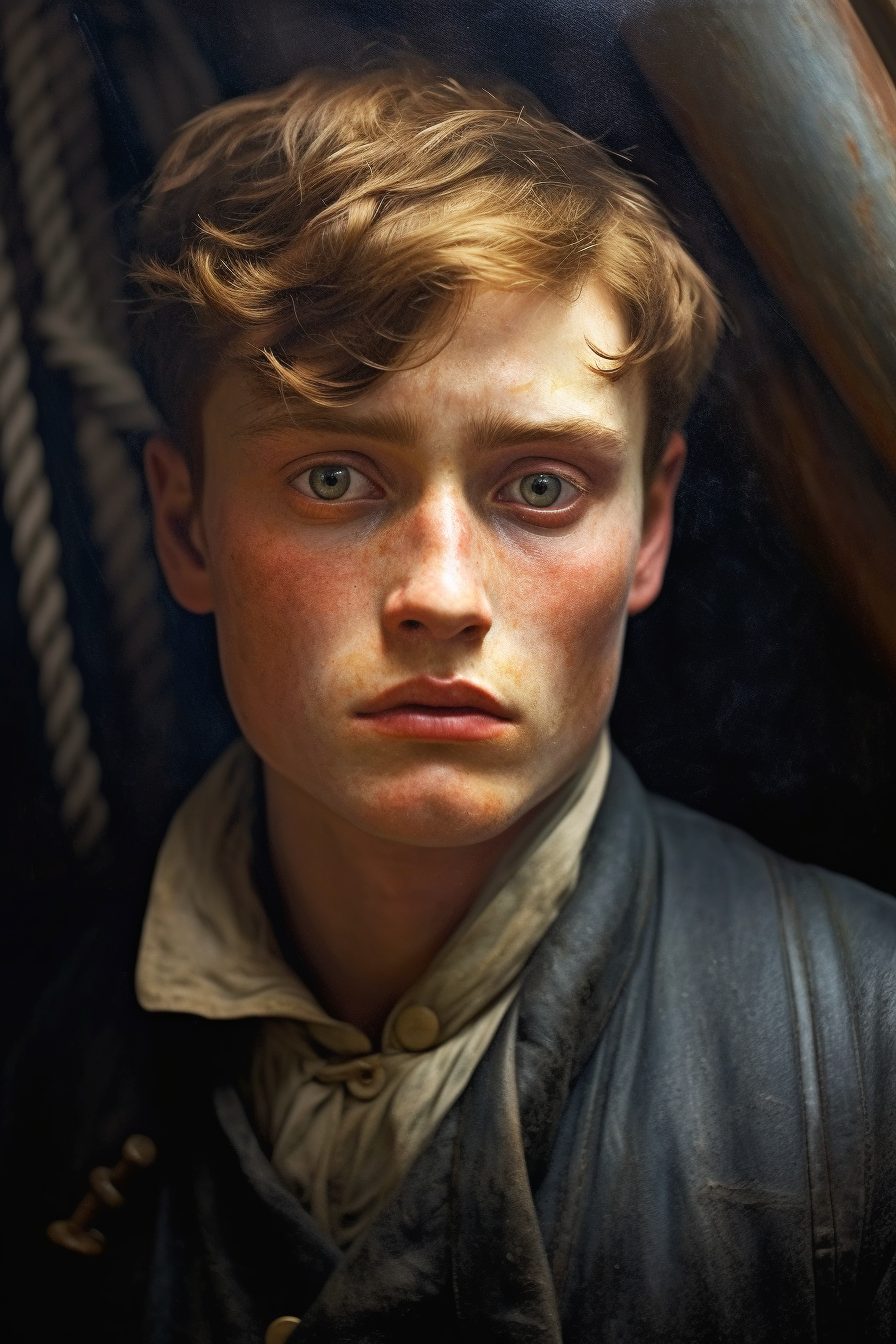 An illustration of a what Richer Parker, a crew member aboard the Mignonette could have looked like. He is portrayed to be about 17 years old, with blond hair and a reddish skin tone.