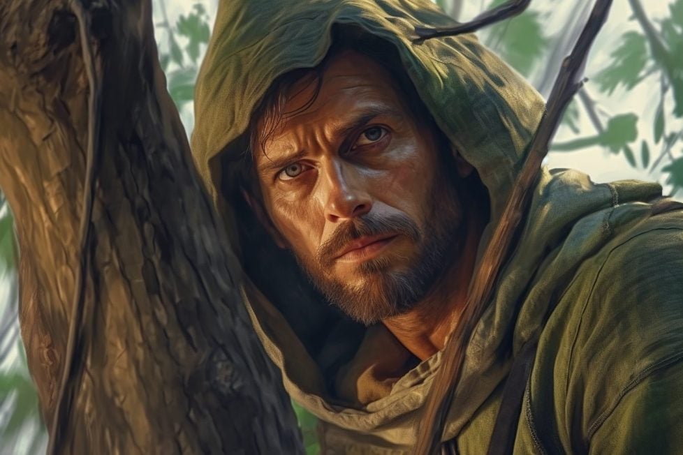 An illustration of a bearded man wearing a green hood next to a tree trunk.