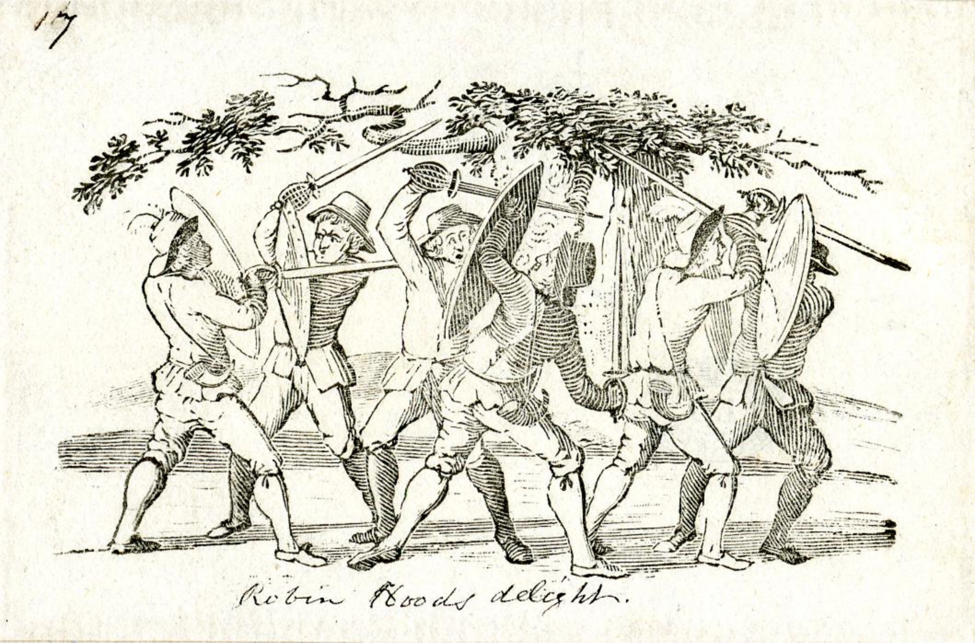 A wood-engraving of Robin Hood, Little John and William Scarelock fighting with swords three keepers of the deer of King Henry; old tree behind.