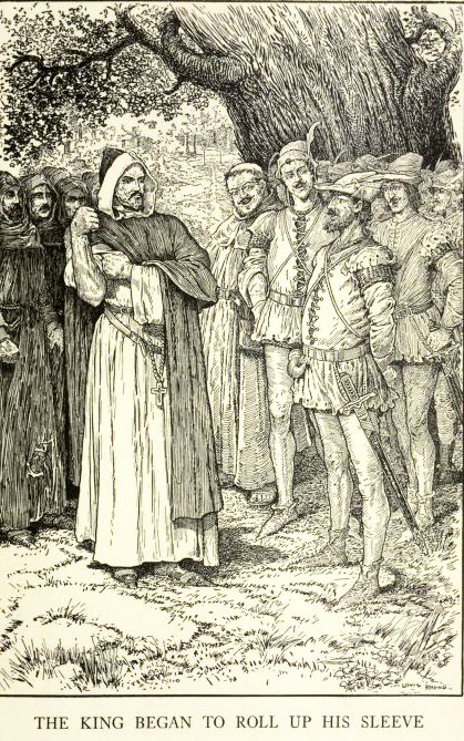 An Illustration of the king starting to roll up wis sleeve in front of Robin Hood, surrounded by men.
