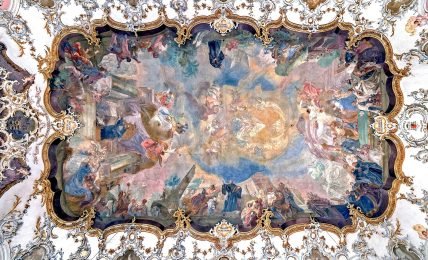 A photograph of Rococo ceiling painting showing intricate details.