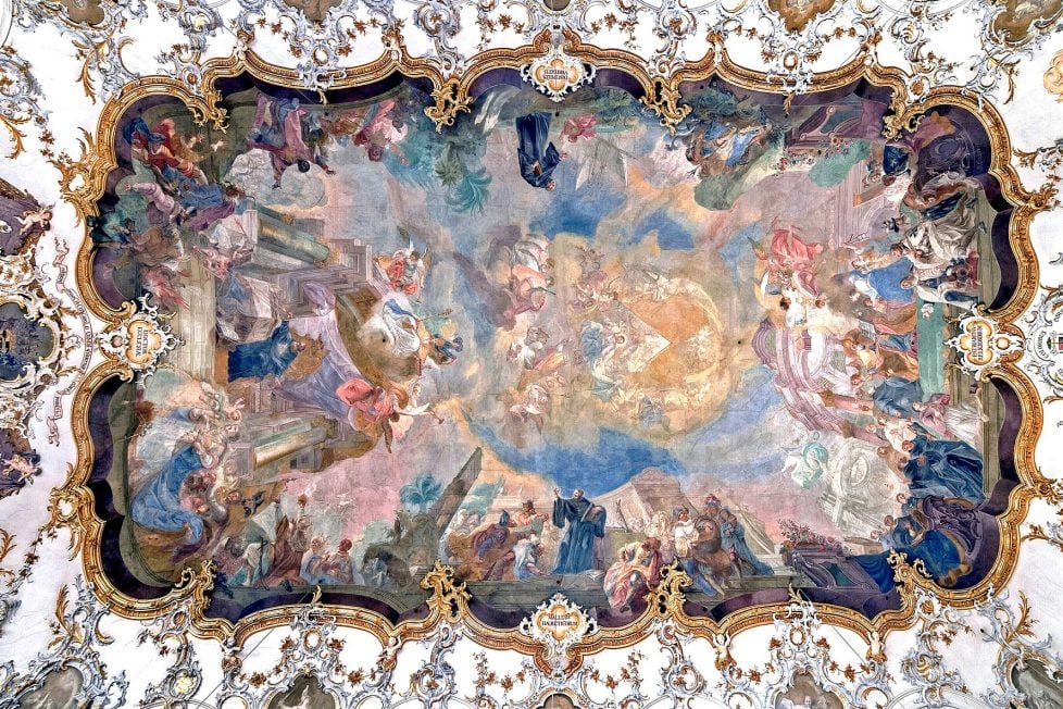 A photograph of Rococo ceiling painting showing intricate details.