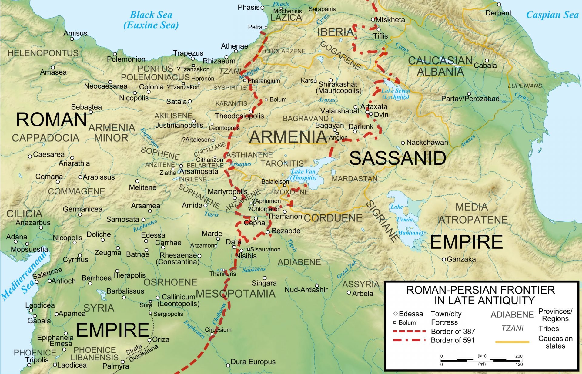 A map of the Roman-Persian Frontier in Late Antiquity, showing the borders of the Roman and Sassanid Empires as of 387 AD and as of 591 AD.