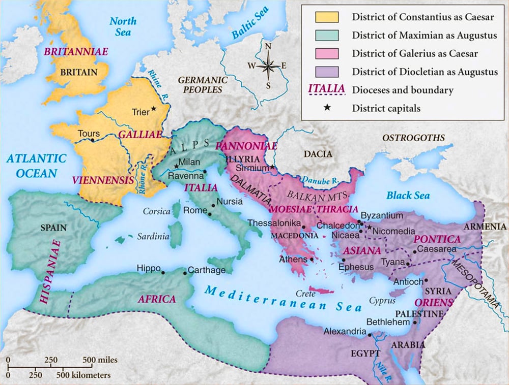 A map of the Roman Empire during the Tetrarchy period, color-coded by regions, with labels for cities and borders, and a scale on the right and bottom.