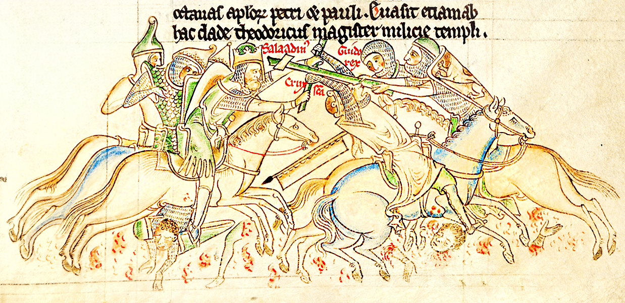 An illustration of a medieval Battle of Hattin, showing six knights on horseback fighting with swords, lances, and shields. Saladin seizes the Holy Cross from the fleeing King Guy of Lusignan.