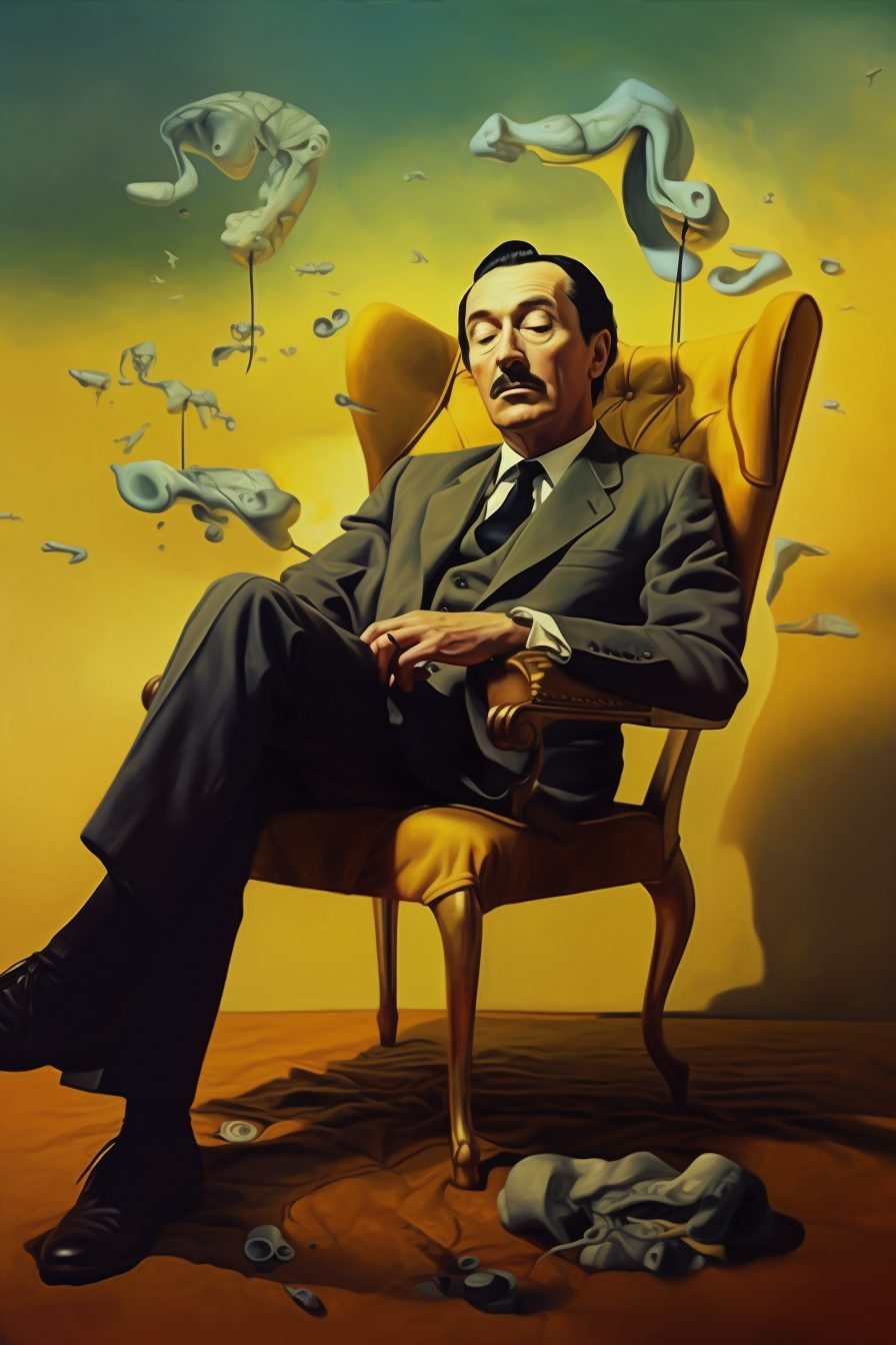 An illustration of Salvador Dali in a suit, sleeping in a chair. Abstract shapes appear all around him.