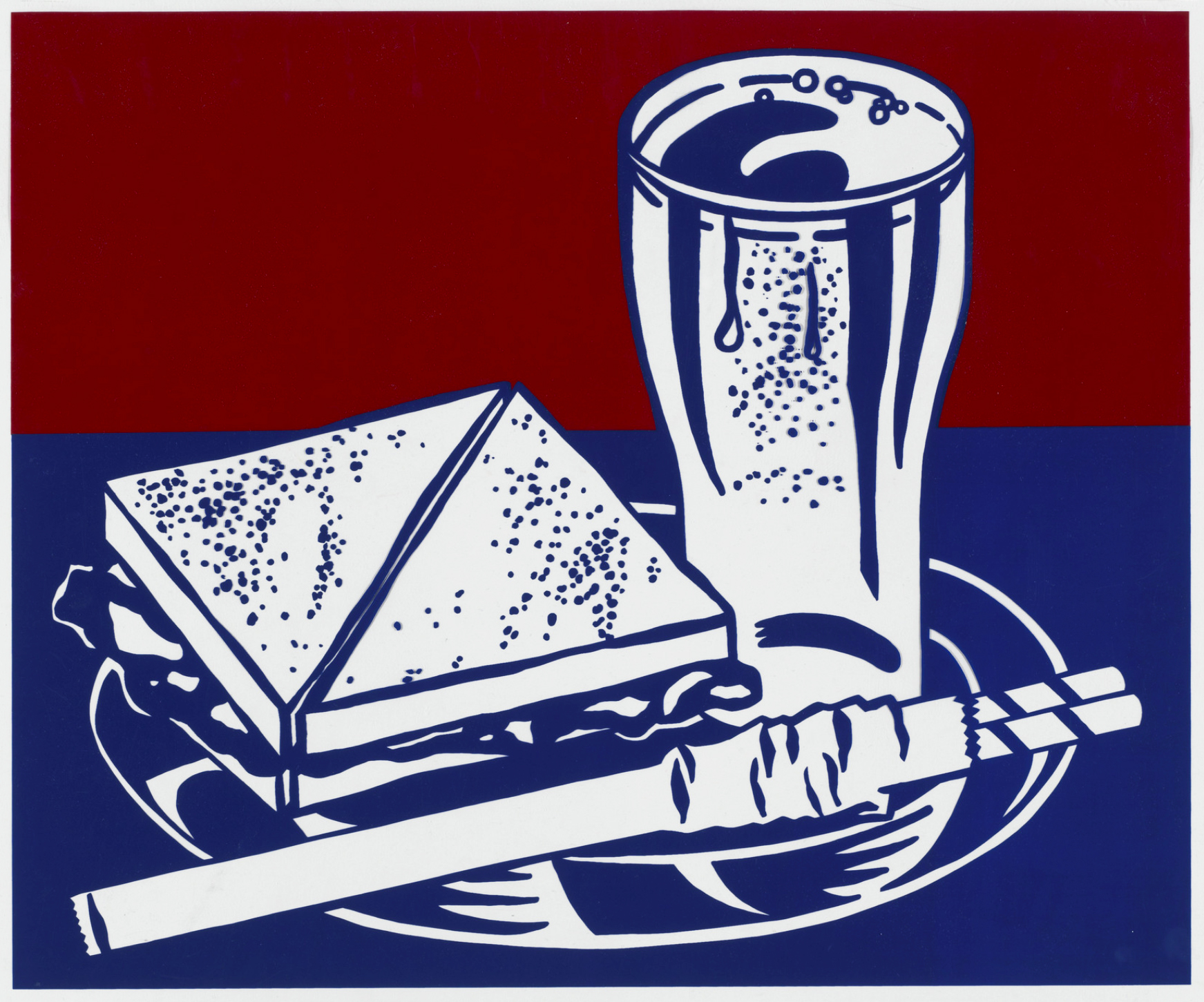 Graphic artwork by Roy Lichtenstein titled 'Sandwich and Soda' from the series 'X + X (Ten Works by Ten Painters)' created in 1964. The image features a bold, stylized depiction of a sandwich and a glass of soda in Lichtenstein's signature pop art style, using primary colors of red, white, and blue with characteristic dot patterns. The sandwich, placed on the left, has layers with visible speckling, while the soda glass, on the right, contains bubbles and is depicted in a white and blue color palette against a vibrant red background.