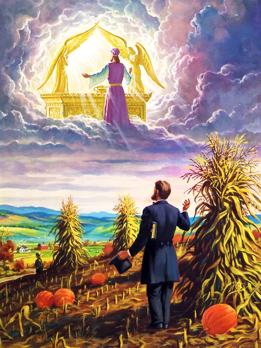 A painting of a man in a suit standing in a field with pumpkins on top of a hill. He is looking towards Jesus Christ in a purple robe standing in front of a golden gate in the sky. The sky is filled with dark clouds. The man is walking through a field of corn stalks and pumpkins. The background is a landscape of rolling hills and a village in the distance.
