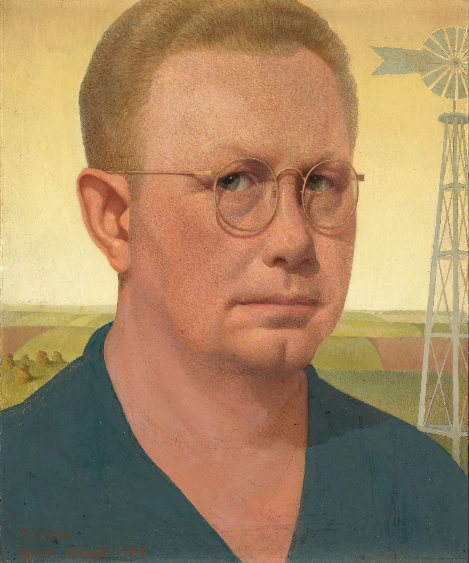 The painting features a close-up of the artist, presenting him from the chest up, his gaze directed towards the viewer. He wears round glasses and a simple shirt, his face showing a reserved, thoughtful expression. Behind him stretches a pastoral landscape, typical of Wood's body of work. The verdant, rolling fields under a clear sky suggest the peaceful tranquility of rural Midwestern America. The contrast between the detailed foreground and the stylized, almost abstract background creates a fascinating juxtaposition between the personal and the universal, the individual and the environment.