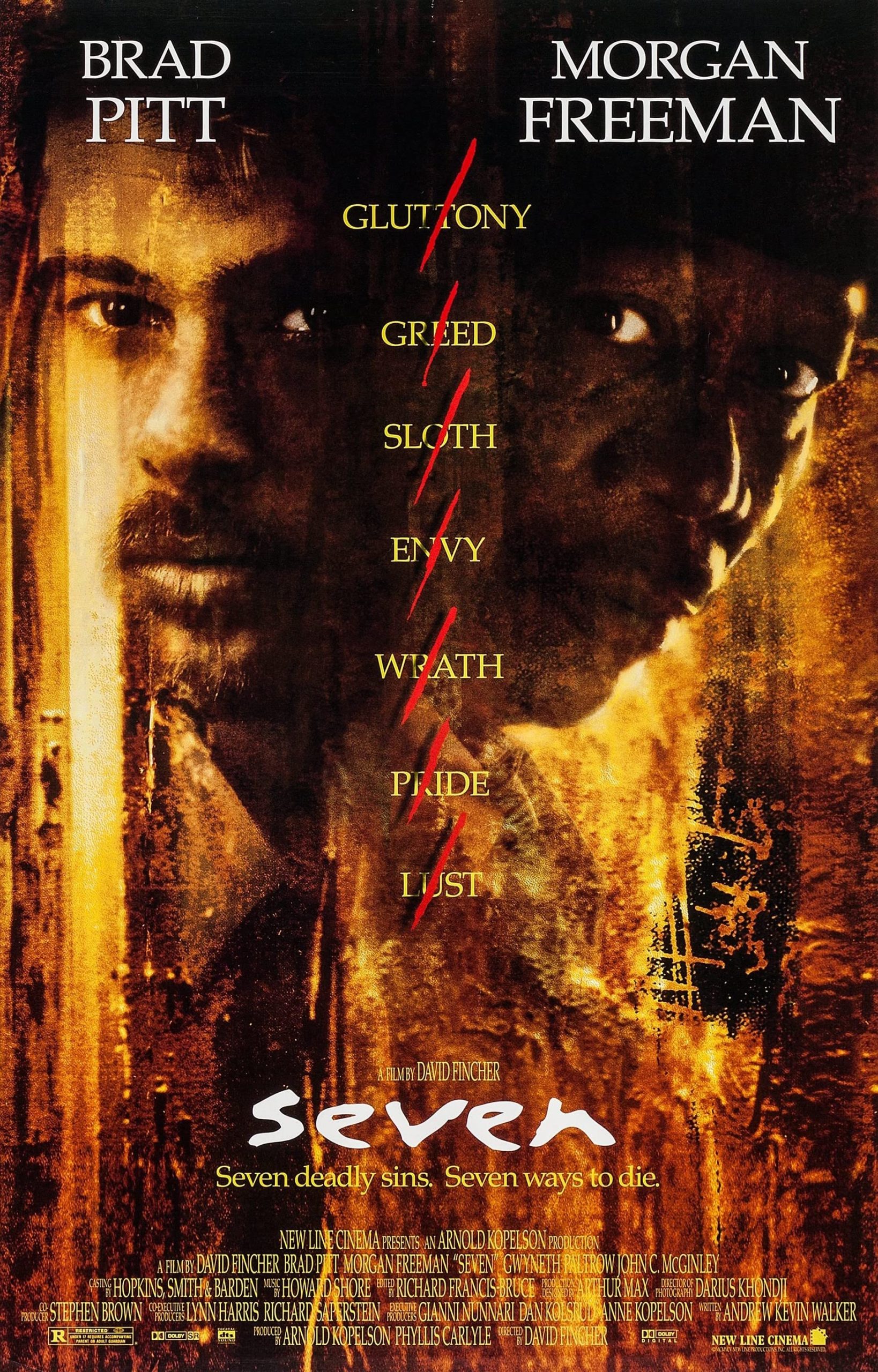 Movie poster for Seven featuring the faces of Brad Pitt and Morgan Freeman and a list of the seven deadly sins.