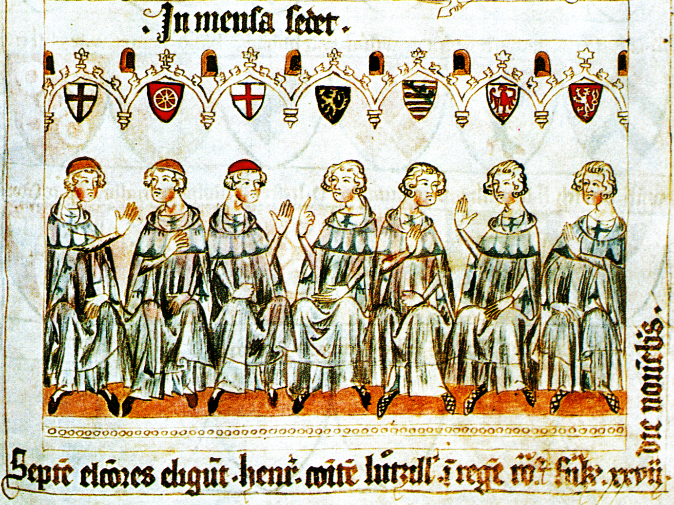 An illustrated manuscript depicting the 'Seven Prince Electors' in medieval attire, sitting in a row. Each elector is raising one hand in a gesture of selection or affirmation. Above them are heraldic shields representing their territories. They are shown in the act of electing Henry, Count of Luxembourg as Henry VII, Holy Roman Emperor.