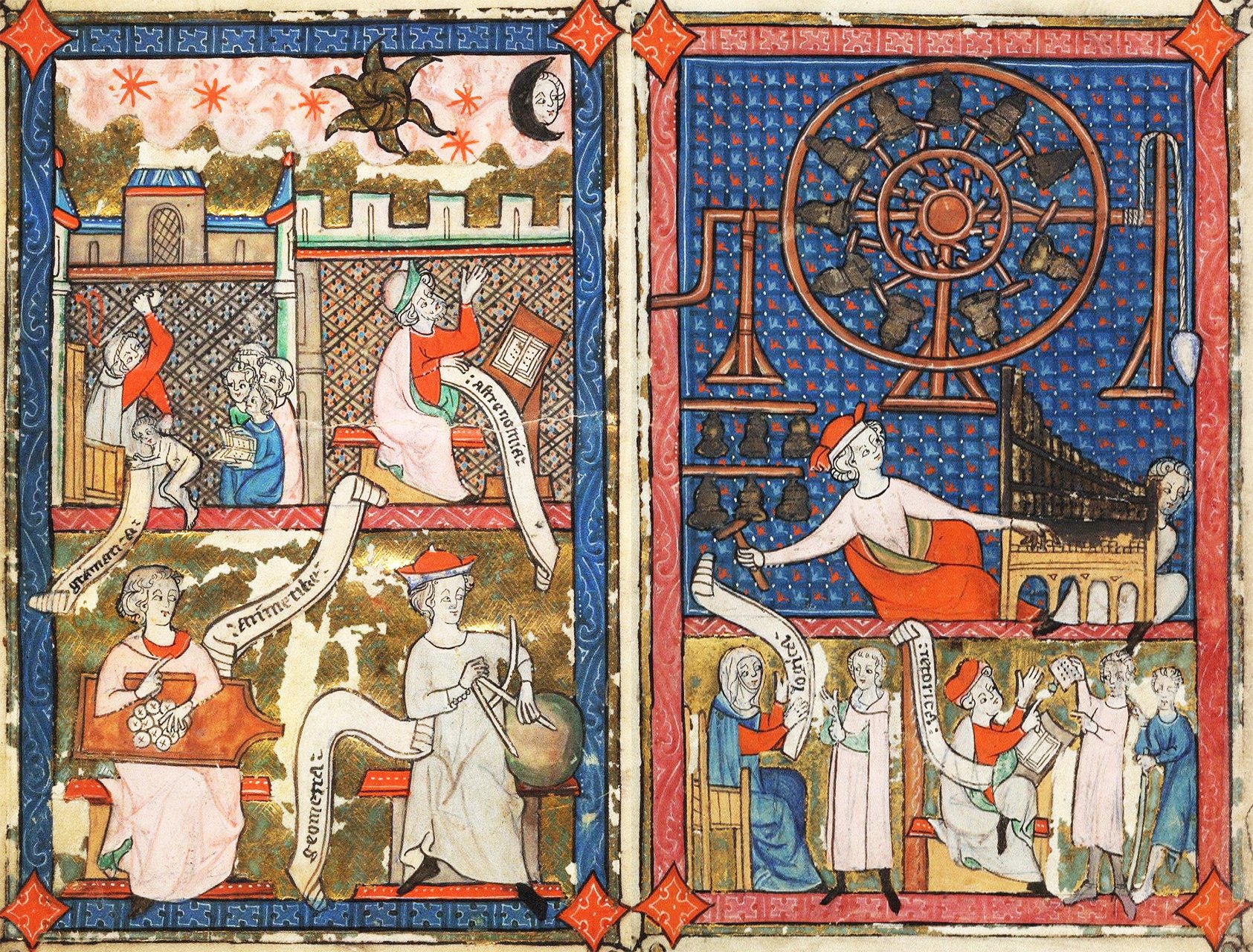 On the first page, at the top left, Grammar is depicted punishing a student, with four other students appearing entertained by the scene. To the right, Astronomy is represented by an astronomer observing the sky, noting the Moon, Sun, and stars. Below, Arithmetic is shown with an abacus, and Geometry with a pair of compasses. On the second page, at the top, Music is depicted playing two instruments: her left hand is on a keyboard with assistance from a boy, and her right hand is ringing a bell. Below, on the left, Logic is teaching a student, while on the right, Rhetoric, with crossed legs, instructs two students.