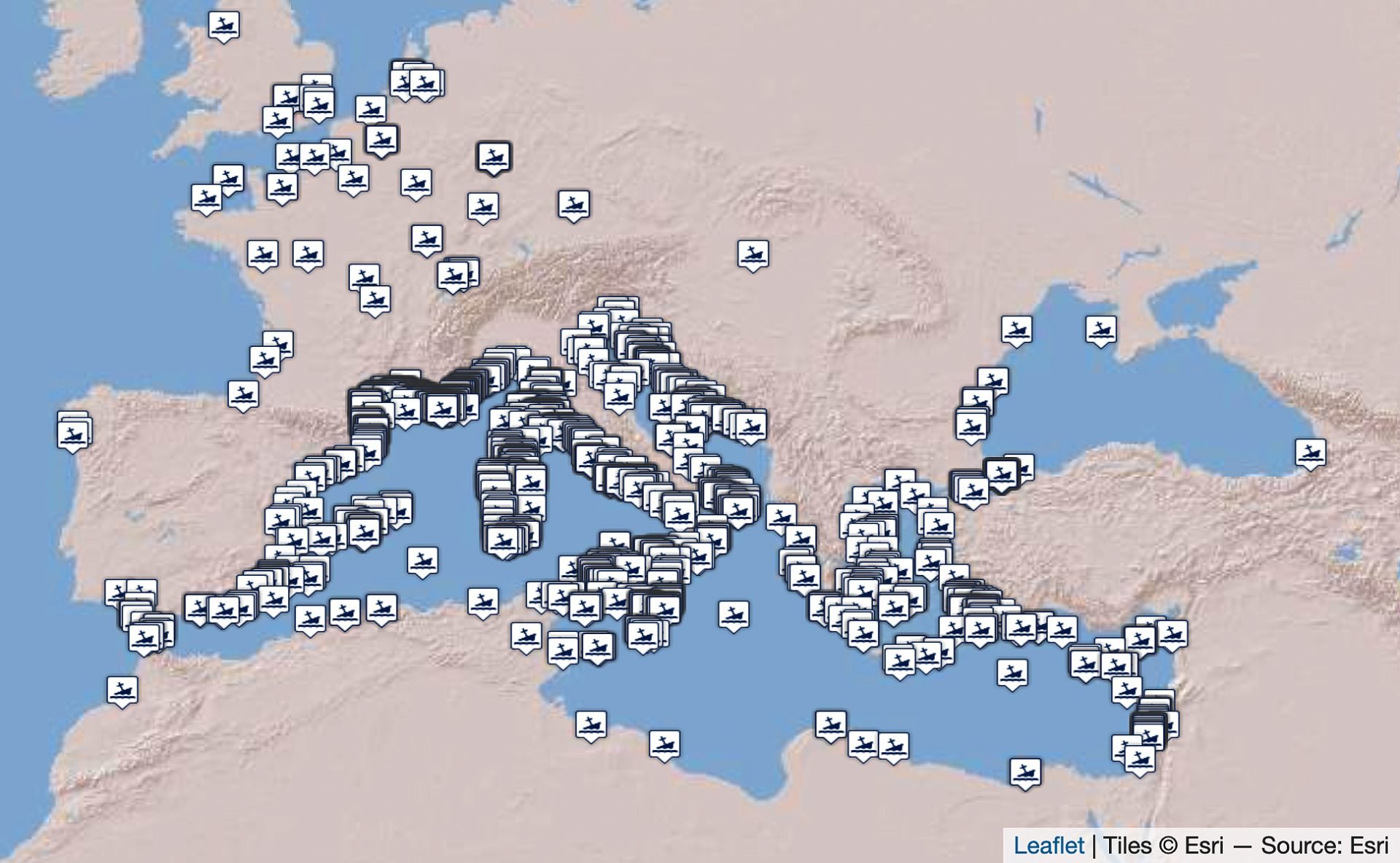 Map showcasing locations of known ancient shipwrecks in the Mediterranean up to AD 1500, building upon A.J. Parker and Julia Strauss's research. Includes roughly 600 newly discovered sites post-1992, found in various terrains and depths.