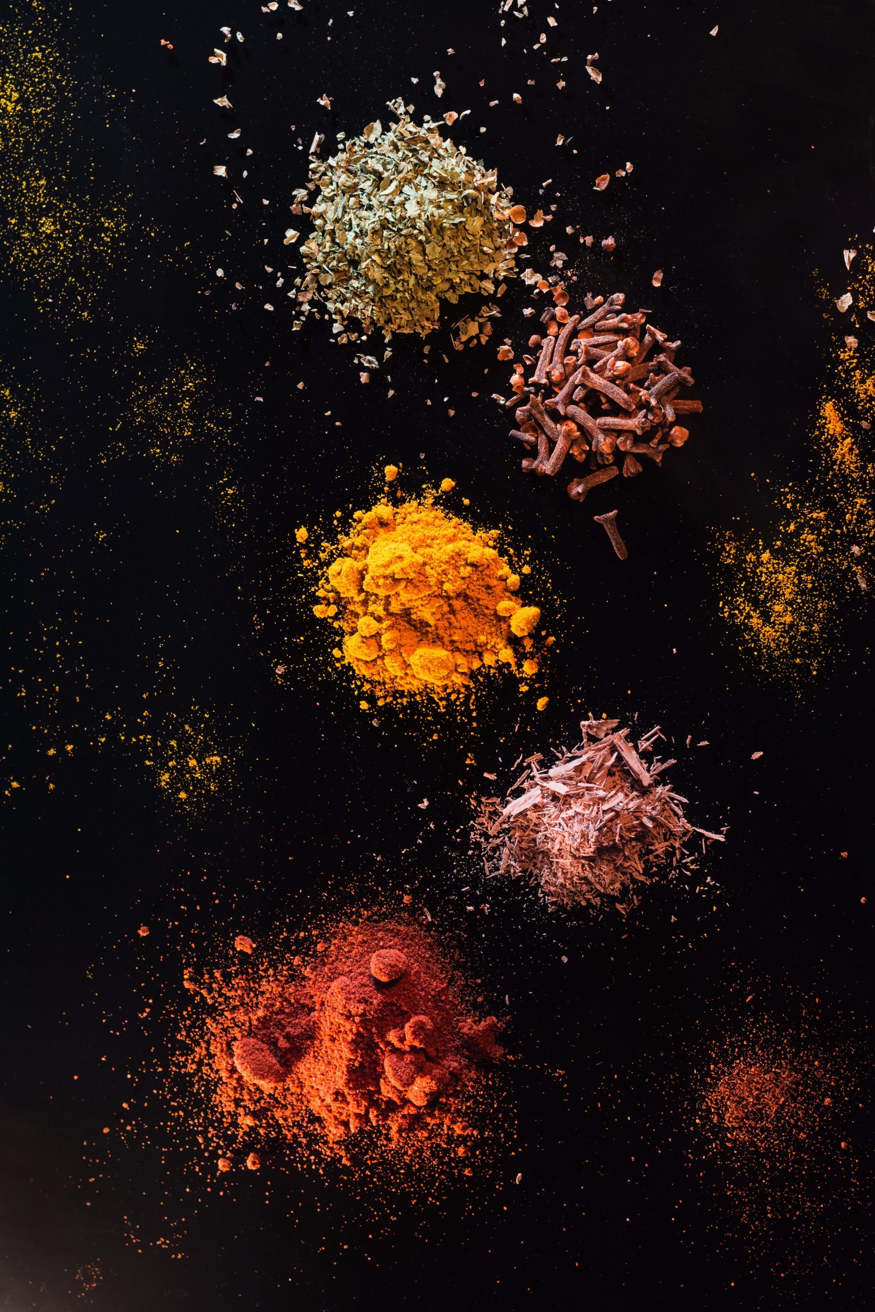 A photograph of various spices in small piles. Their colors range from deep brown to vivid yellow.