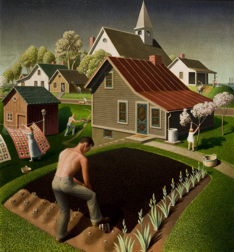 The painting depicts a charming small-town Midwestern scene, focusing on a backyard garden, a staple of American life particularly during the Great Depression and World War II. The garden, suggestive of a Victory Garden, embodies resilience and self-sufficiency. Rows of freshly planted crops, possibly potatoes and onions, signify the warming March sun and the onset of spring. The painting is steeped in warm, earthy colors that echo the fertility of the soil and the promise of the upcoming harvest, invoking a sense of nostalgia, resilience, and a deep connection with the land.