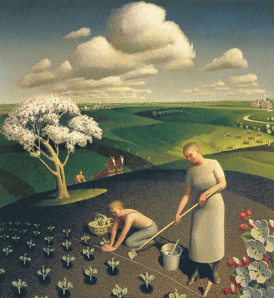 This vibrant painting portrays a busy rural scene during planting season. In the foreground, a woman, armed with a hoe, carefully digs neat furrows in the soil, guided by a garden twine. At her feet is a bucket with a ladle. A young boy in faded blue overalls kneels beside her, dutifully setting seedlings into the earth. Next to him lies a basket filled with more seedlings. On the outskirts of the garden, beyond a blossoming apple tree, a man can be seen approaching with two plow horses, preparing for further agricultural work. Further afield, a herd of cows contentedly grazes. Close to the woman blooms a wild prairie rose, adding a touch of natural beauty to the scene. All this is captured under the blue skies with fluffy cotton-like clouds.