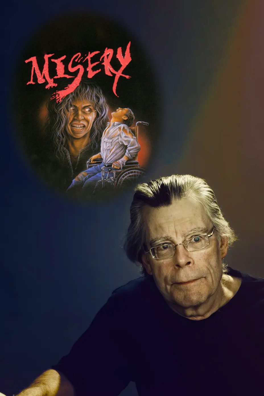 A collage of Stephen King and the cover of Misery.