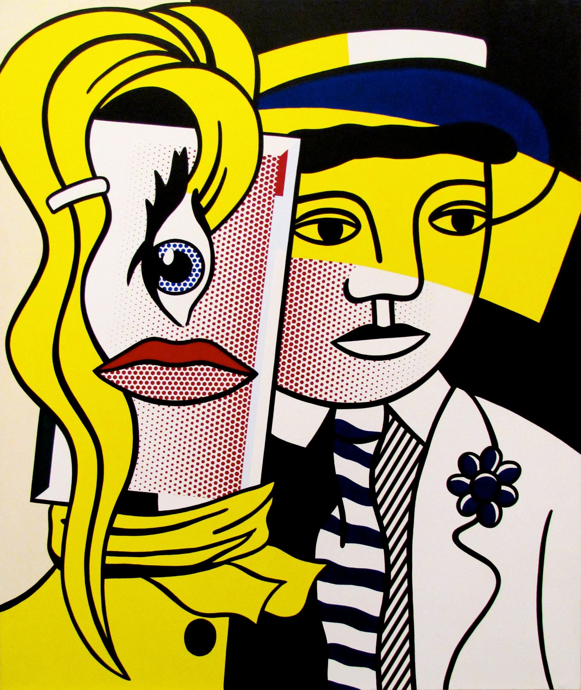 Pop art piece 'Stepping Out' by Roy Lichtenstein, 1978. The artwork juxtaposes a man's face and a woman's surrealistically rendered face, reminiscent of Picasso's 1930s women. The woman has a distinct dot pattern, a side-set eye, red lips, and cascading blond hair. The man wears a blue hat and striped tie, captured in Lichtenstein's signature bold lines and vibrant colors.
