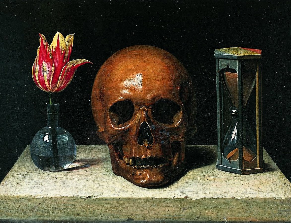 Vanitas painting by Philippe de Champaigne, 1671, depicting a still-life with a skull, a delicate flower in a vase, and a hourglass, symbolizing the transient nature of life and the inevitability of death.