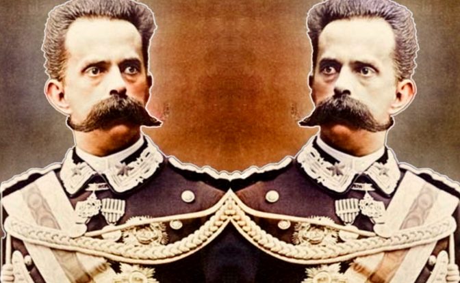 A photo collage featuring king Umberto I looking at himself in a mirrored image. He has a long, curling mustache. He is wearing a ceremonial uniform.