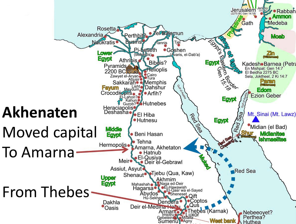 A map of Egypt showing the relocation of the capital from Thebes to Amarna by Akhenaten. The map has labels for cities and regions, and a blue arrow indicating the direction of the move. The map also has a legend and a border.